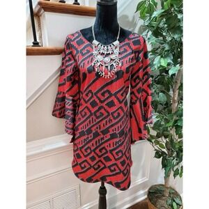 Audrey Women's Black & Red Polyester Round Neck Long Sleeve Knee Length Dress